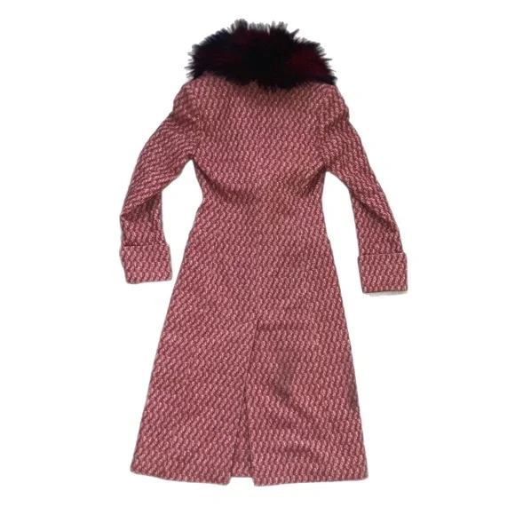 Sisley red & beige long wool & silk trench coat w/ detachable faux fur collar